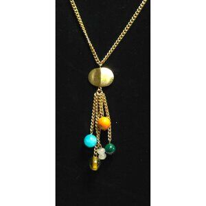 Colorful Beaded Gold-Tone Pendant Necklace With Multi-Chain Tassels